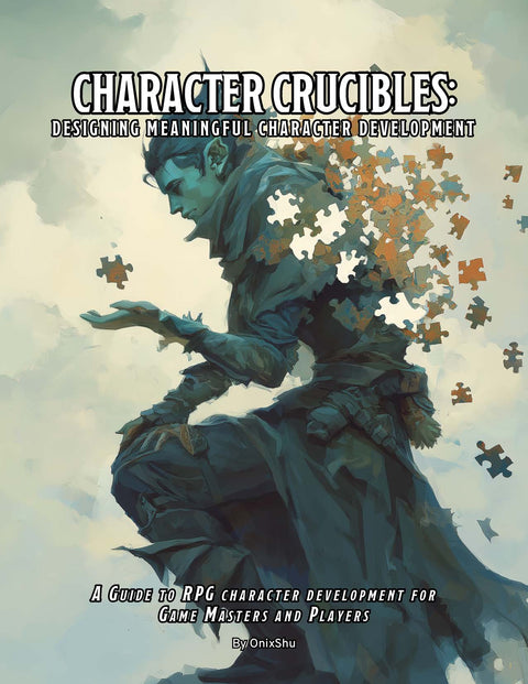 Book cover of 'Character Crucibles' with a character holding puzzle pieces against a cloudy sky.