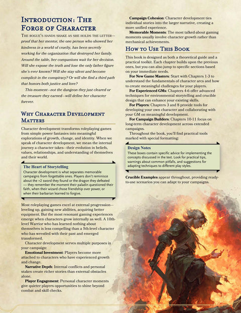 Book page with character development text and an illustration of a warrior in flames.