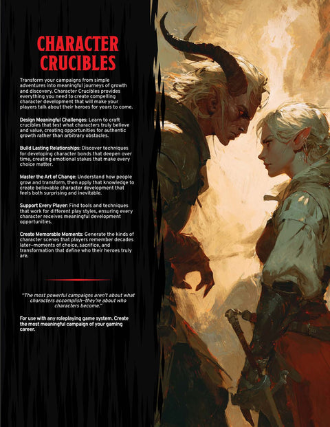 Book cover with two characters facing each other and text about 'Character Crucibles' on the left