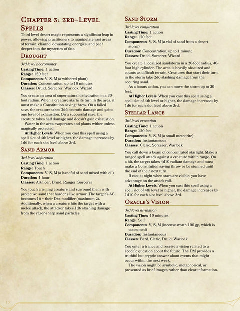 Page from a fantasy role-playing game book with spell descriptions and character class information, DnD 5e Desert spells
