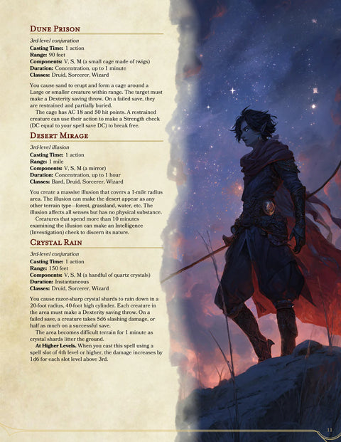 Page from a fantasy book with character illustration and text on a desert scene, DnD 5e Desert spells
