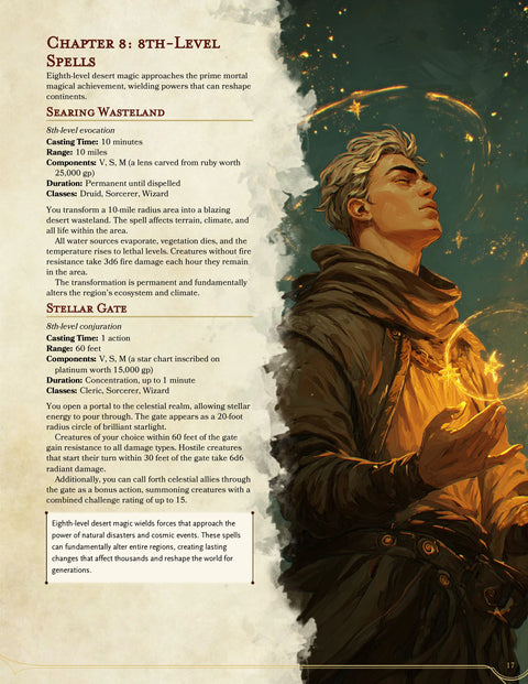 Character in fantasy attire with spellcasting gesture, next to detailed spell description text, DnD 5e Desert spells