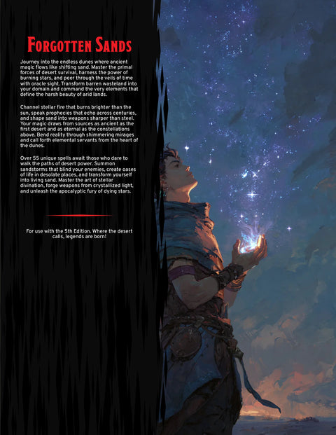 Person in desert landscape with glowing crystal, text on the left, DnD 5e Desert spells