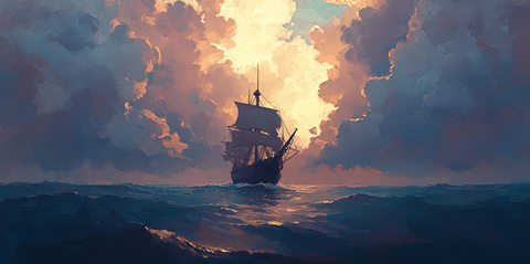 A sailing galleon silhouetted against a dramatic sunset, navigating through choppy seas with billowing clouds creating a path of golden light - perfect for D&D maritime adventures and naval campaigns