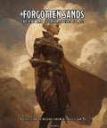 Book cover of 'Forgotten Sands' with a desert-themed character and celestial elements, DnD 5e Desert spells