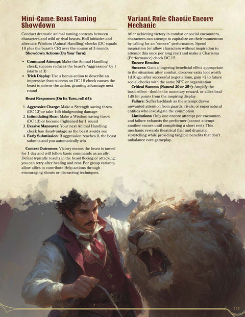 Gamebook page with text on mini-game beast taming and variant rule chaos encore mechanism.