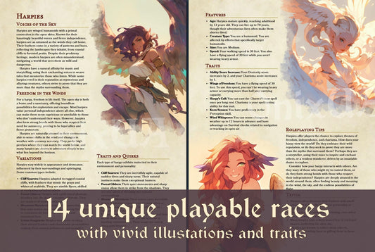 14 unusual playable races for DnD |Skeletons, Harpies, Catfolk, Arachnid, Kitsune, Slimes and more (Digital Book)