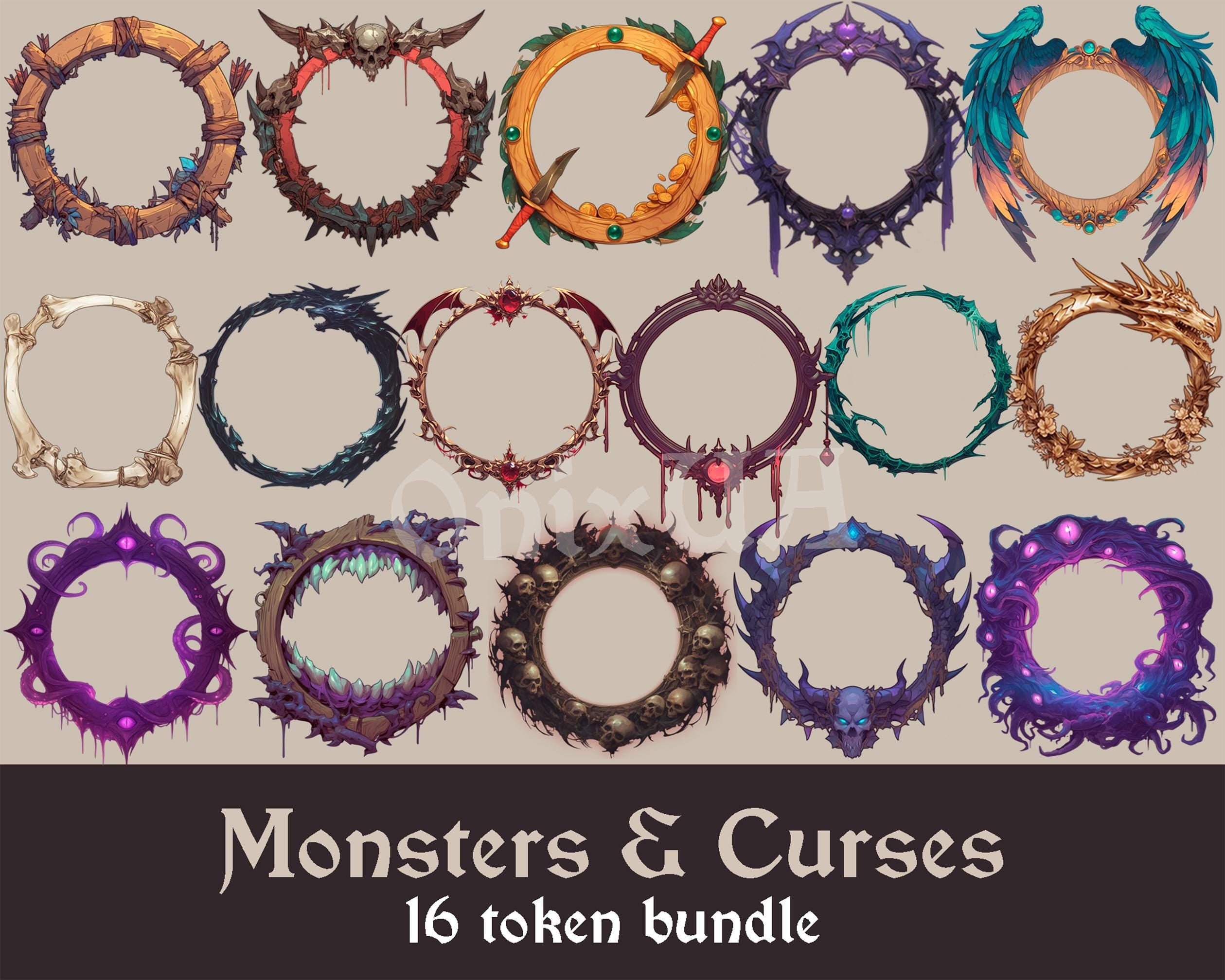 16 Monsters and Curses Token Frames Bundle for D&D