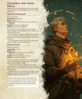 Character in fantasy attire with spellcasting gesture, next to detailed spell description text, DnD 5e Desert spells